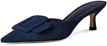 fericzot mule slippers for womenslingback buckle pumps pointed toe kitten heels shoes slides backless dress sandals dark blue 75