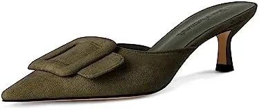 fericzot mule slippers for womenslingback buckle pumps pointed toe kitten heels shoes slides backless dress sandals dark green 75