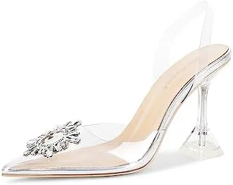 fericzot womens clear heels shoes crystal rhinestones slingback wedding shoes pointed toe high heel sandals silver 395 7