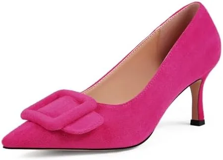 fericzot womens stiletto high heel pumps wedding party closed classic dress heeded shoes with square buckle hot pink 7cm 6